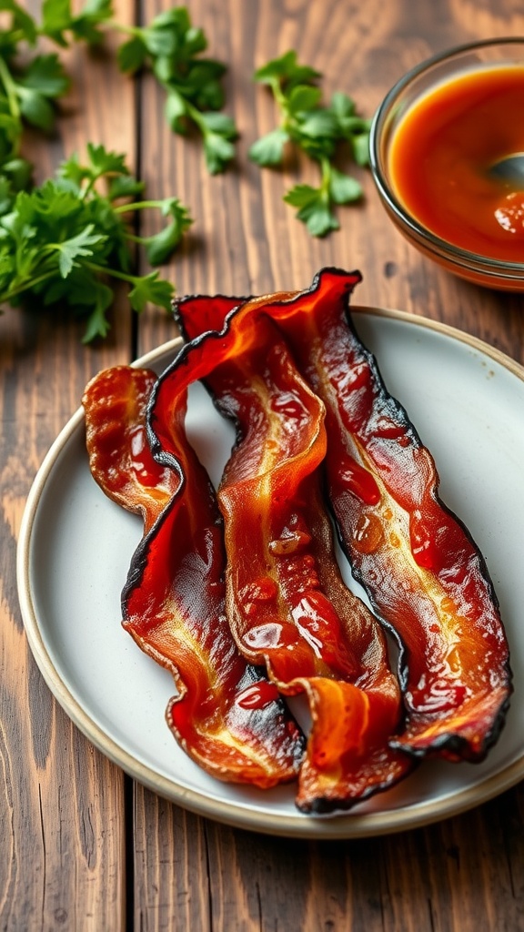 Crispy vegan bacon strips made from eggplant or mushrooms on a plate with herbs and a dipping sauce.